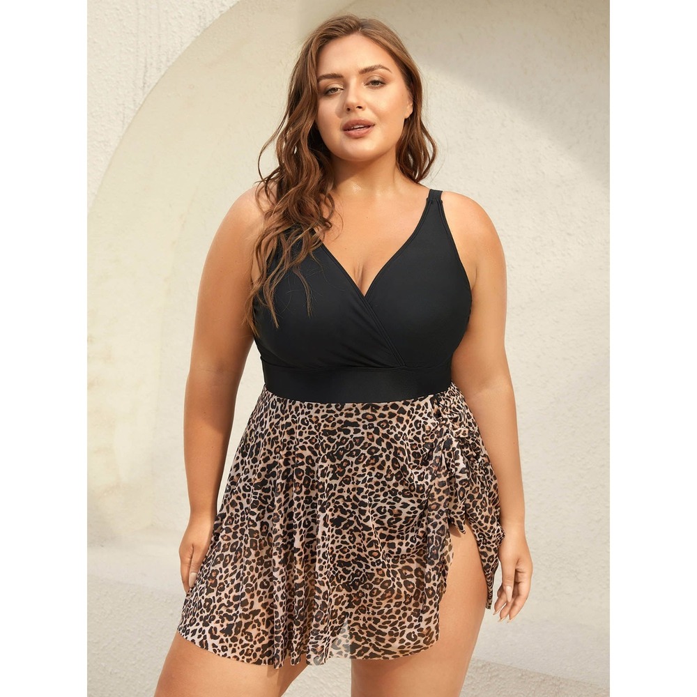 NEW Bloomchic Leopard 14-16 / 1X Swim Dress Surplice One-Piece Black‎ Swimsuit